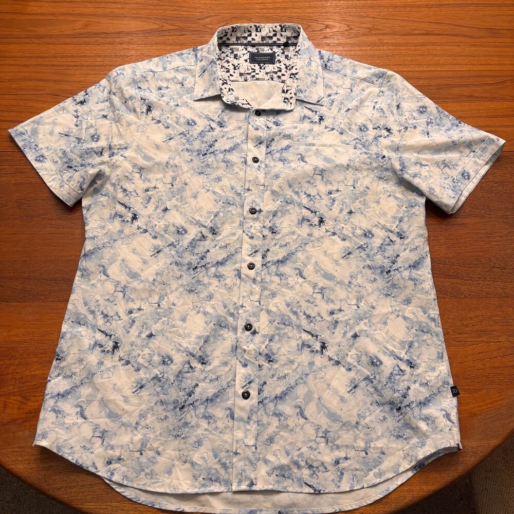 7 Diamonds Men's 4 Way Stretch Blue White Print Short Sleeve Button Down Shirt L